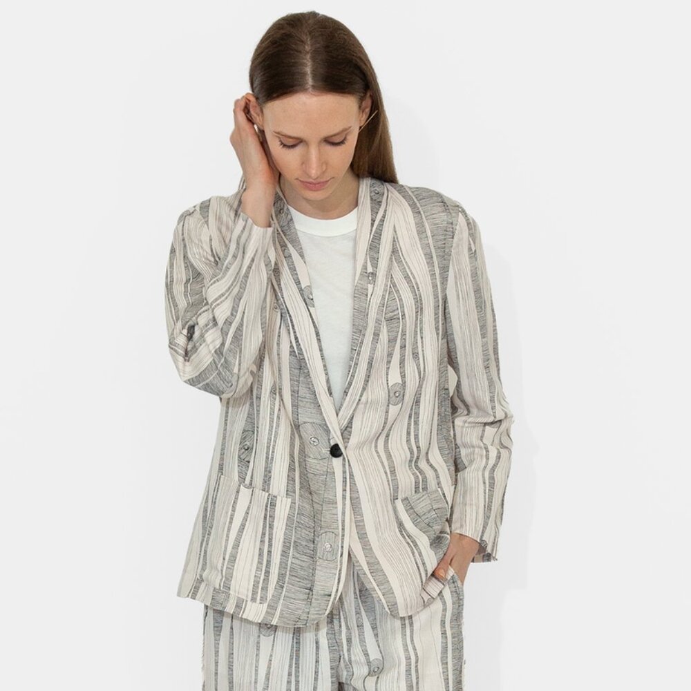 RAQUEL ALLEGRA XS White/Gray Mod Modern Fine Line Print Blazer Jacket Silk Lined
